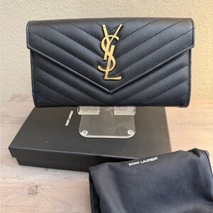 PRISTINE! YSL Saint Laurent Black Leather Long Flap Wallet!  Full Inclusion! COA